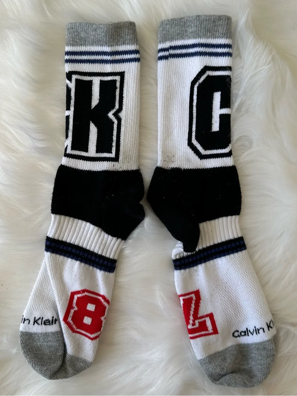 Calvin Klein Rare White, Black & Gray Athletic Crew Socks with Red Accent NWOT